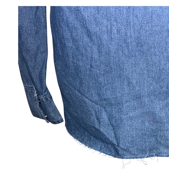 Lucky Brand Small Western Denim Medium Wash Pearl Snap Raw Hem Long Sleeve Shirt - Picture 8 of 8